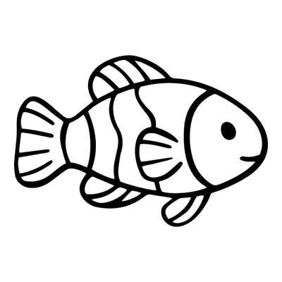Cartoon fish facing right with three wavy clownfish-style stripe bands, a dot eye, small smile and ridged fins