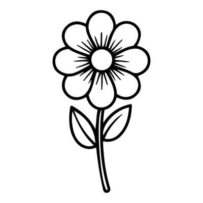 Daisy with eight rounded petals, a starburst center and two veined leaves on a slender curving stem