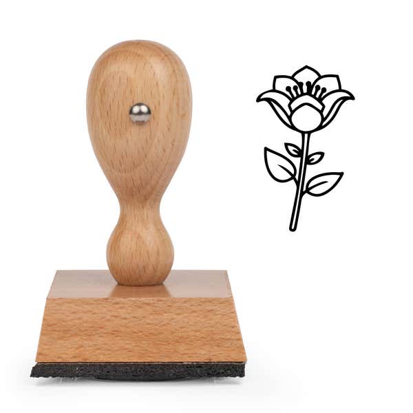 Flared Petal Flower Craft Stamp standing upright beside its black stamped flared petal flower image
