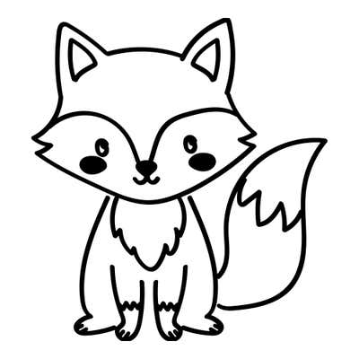 Cartoon fox sitting upright with tall pointed ears, blushing cheeks, a zigzag chest ruff and a bushy tail