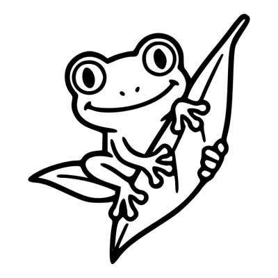 Grinning cartoon tree frog with big bulging eyes, sitting on a long pointed leaf and gripping it with padded toes