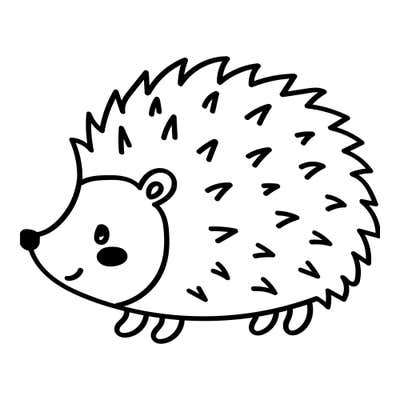 Cartoon hedgehog facing left with a spiky back full of V-shaped quill marks, black nose and a small smile