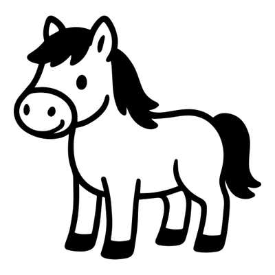 Cartoon pony with a solid black mane, forelock and tail, a big smiling muzzle and four black hooves