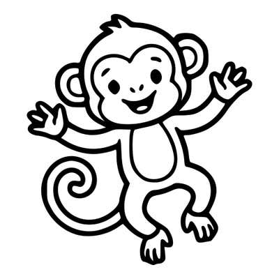 Cartoon monkey jumping with both arms raised, a heart-shaped face, open-mouthed grin and spiral-curled tail
