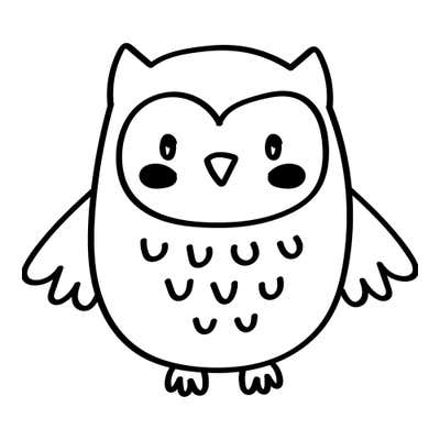 Cartoon owl with ear tufts, a heart-shaped face, triangle beak, outspread wings and rows of U-shaped chest feathers