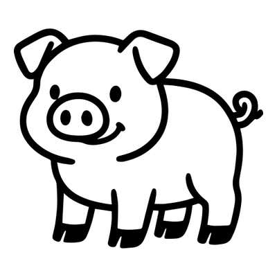 Chubby cartoon pig with folded ears, a big oval snout, dot eyes, a smile and a corkscrew tail