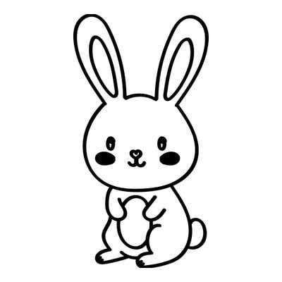 Cartoon bunny sitting upright with tall ears, blushing cheeks, a heart-shaped nose and paws tucked at its tummy