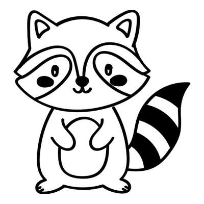 Cartoon raccoon with an outlined eye mask, pointed ears, paws on its tummy and a tail with solid black bands