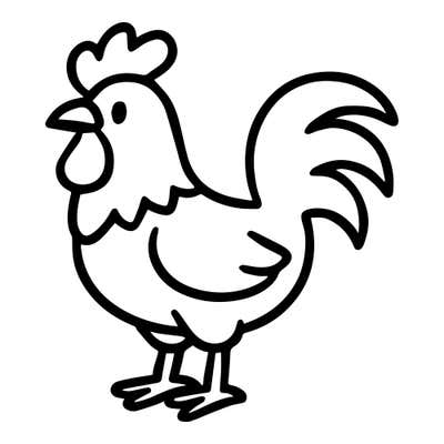 Cartoon rooster with a tall scalloped comb, wattle and four long crescent tail feathers sweeping up behind