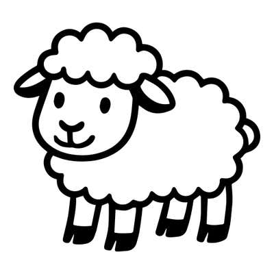 Cartoon sheep with puffy cloud-like wool, a smiling face, sideways ears and four legs with black hooves