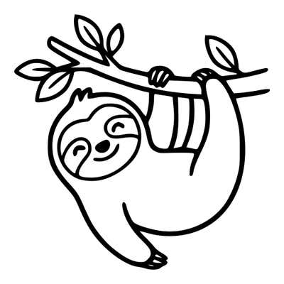 Cartoon sloth hanging from a leafy branch by its arms, eyes closed and smiling, its body drooping in a lazy curve