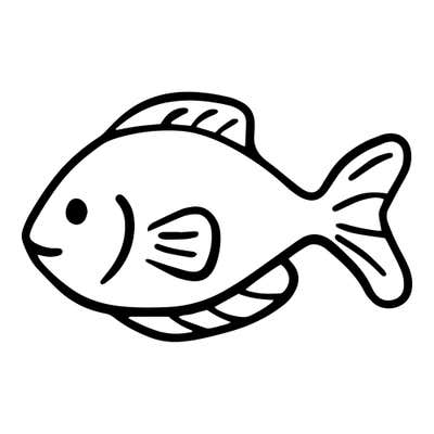 Cartoon fish swimming left with a dot eye, smile, curved gill line, ribbed top fin and a fanned forked tail