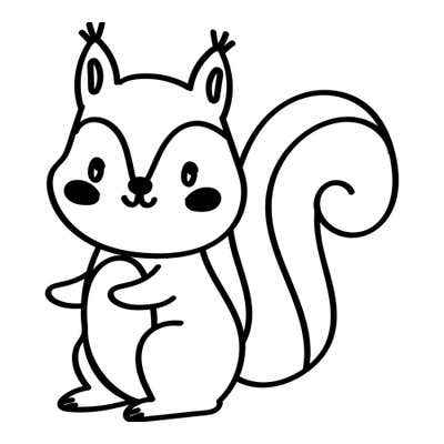 Cartoon squirrel sitting up with tufted ears, blushing cheeks and paws together before a tall spiral-curled tail