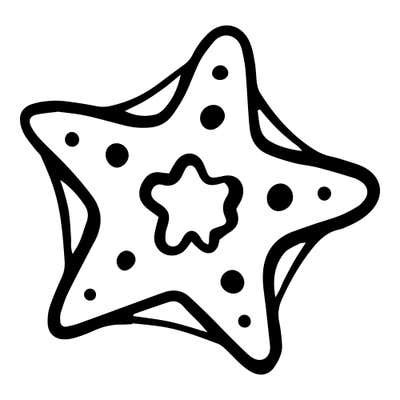 Plump cartoon starfish with a thick double outline, a wavy flower-shaped center and solid dots across five arms