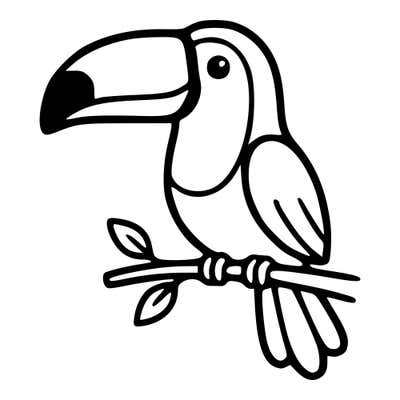 Cartoon toucan with an oversized beak tipped in solid black, perched on a leafy twig with a layered wing