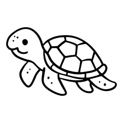 Smiling cartoon sea turtle paddling left with freckle dots, a shell of geometric plates and spotted flippers