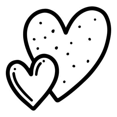 Two overlapping hearts: a large heart sprinkled with dots behind a smaller double-outlined heart with glossy highlights