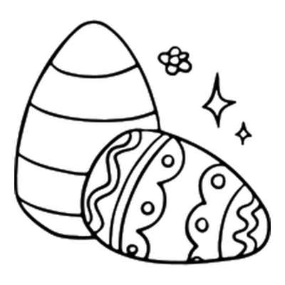 Tall striped Easter egg behind a tipped egg patterned with wavy lines, scallops and dots, beside a tiny flower and sparkles