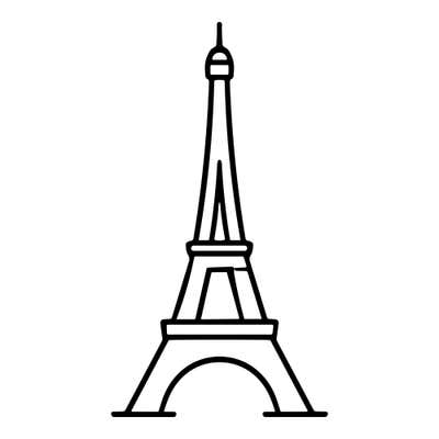 Eiffel Tower with an arched base, two platform levels and a slender top with an antenna