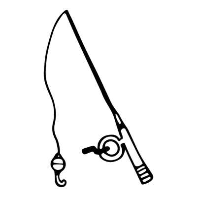Fishing rod with a reel and ribbed grip, its line curving down to a bobber and hook