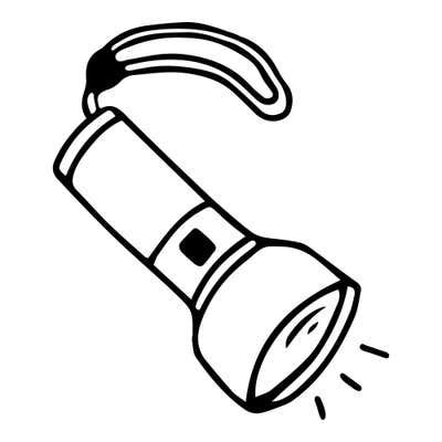 Flashlight with a looped wrist strap, a switch button and three short rays beaming from the lens