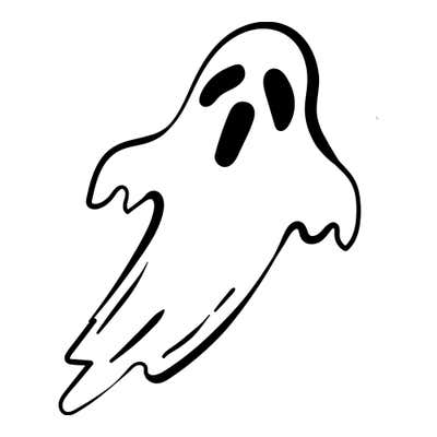 Sheet ghost floating on a diagonal with solid black oval eyes, a long open mouth, drippy arms and a streaked wispy tail