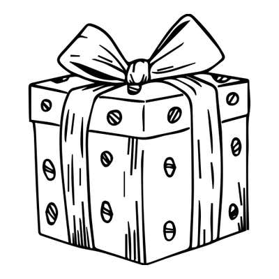 Gift box shown at an angle, wrapped in slashed oval dots with a ribbon over the lid and a looped bow on top
