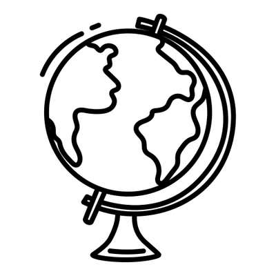 Desk globe on a stand with a curved meridian arm, outlined continents and short motion lines