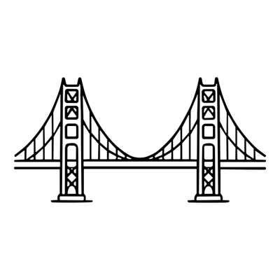 Golden Gate Bridge with two tall towers, curved main cables and vertical hanger lines above the roadway