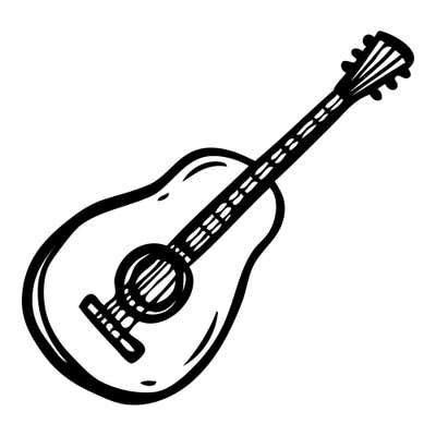 Acoustic guitar on a diagonal with a sound hole, bridge, fret marks and tuning pegs