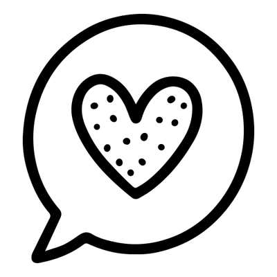 Bold speech bubble with a pointed tail at the lower left, holding an outlined heart filled with small dots