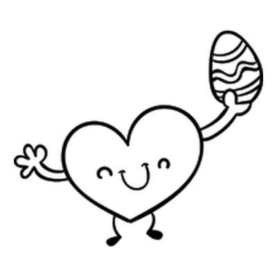 Smiling heart character with crescent eyes and little legs, waving one hand and holding up a wavy-striped Easter egg
