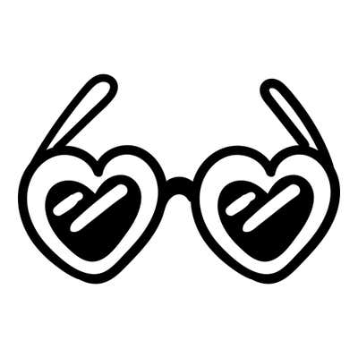 Heart-shaped sunglasses with thick double-line frames, solid black heart lenses with white glare streaks and angled arms