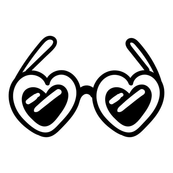 Heart-shaped sunglasses with thick double-line frames, solid black heart lenses with white glare streaks and angled arms