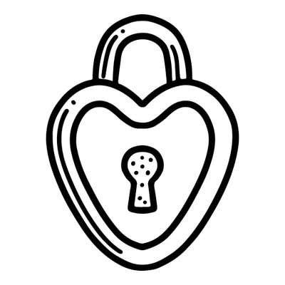 Heart-shaped padlock with a curved shackle, a double outline, an inner heart panel and a dotted keyhole in the center