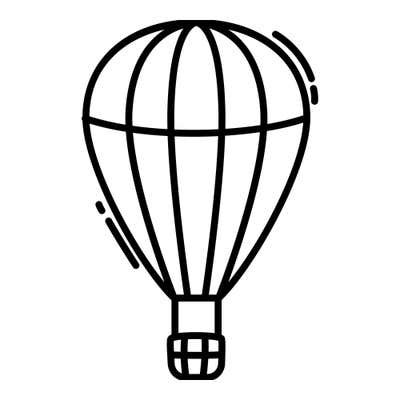 Hot air balloon with tall curved panels, a band across the middle and a woven basket below