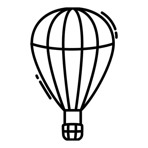 Hot air balloon with tall curved panels, a band across the middle and a woven basket below