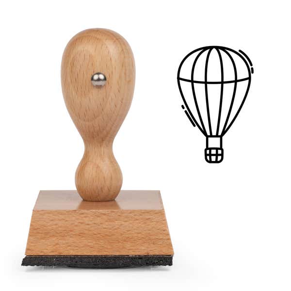 Hot Air Balloon Craft Stamp standing upright beside its black stamped hot air balloon image