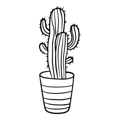 Tall ribbed column cactus with short branching arms and tiny spines, standing in a narrow striped pot