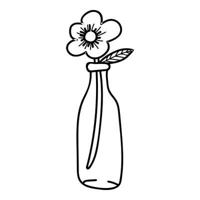 Single round flower with one leaf in a tall narrow glass bottle, its stem visible through the glass