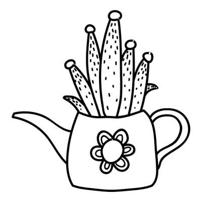 Spotted succulent stems with rounded tips growing from a watering can with a long spout and a flower on the front