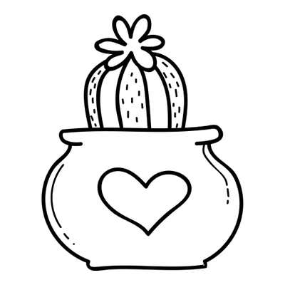 Ribbed barrel cactus with tiny spine marks and a flower on top, in a round pot with a thick rim and an outlined heart