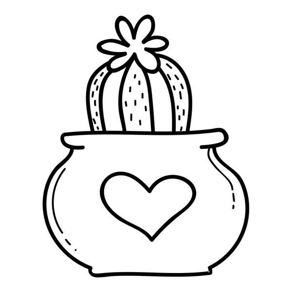 Ribbed barrel cactus with tiny spine marks and a flower on top, in a round pot with a thick rim and an outlined heart