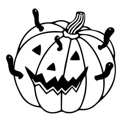 Ribbed jack-o'-lantern with triangle eyes and nose, a jagged zigzag grin and five worms poking out of the pumpkin
