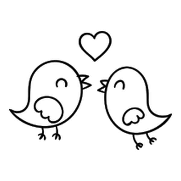 Two plump birds facing each other with closed smiling eyes, open beaks and scalloped wings, an outlined heart floating above