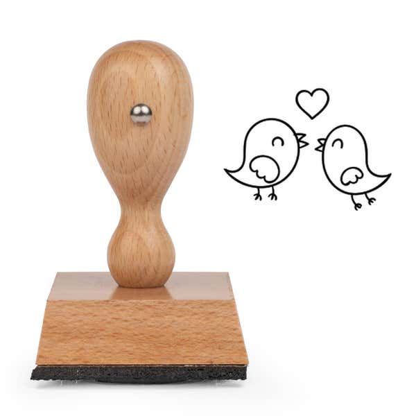 Chirpy Love Birds Craft Stamp standing upright beside its black stamped love birds image