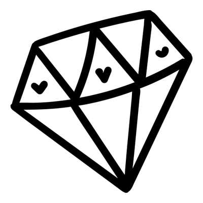 Faceted diamond drawn in thick hand-drawn lines, tilted slightly, with three small hearts in the top facets
