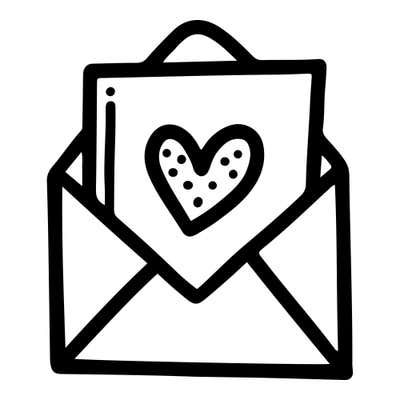 Open envelope with a card sliding out, the card showing an outlined heart filled with dots, the back flap curving up behind
