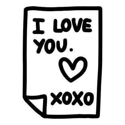 Note page with a curled lower corner, hand-lettered I LOVE YOU. at the top, an outlined heart and XOXO at the bottom