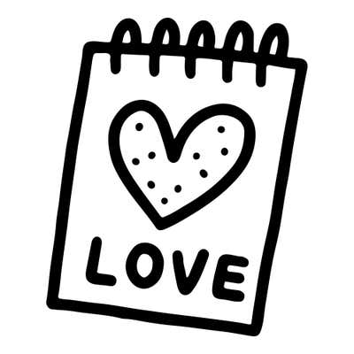 Spiral-top notepad drawn at a slight tilt with an outlined heart filled with dots and the word LOVE in bold capitals
